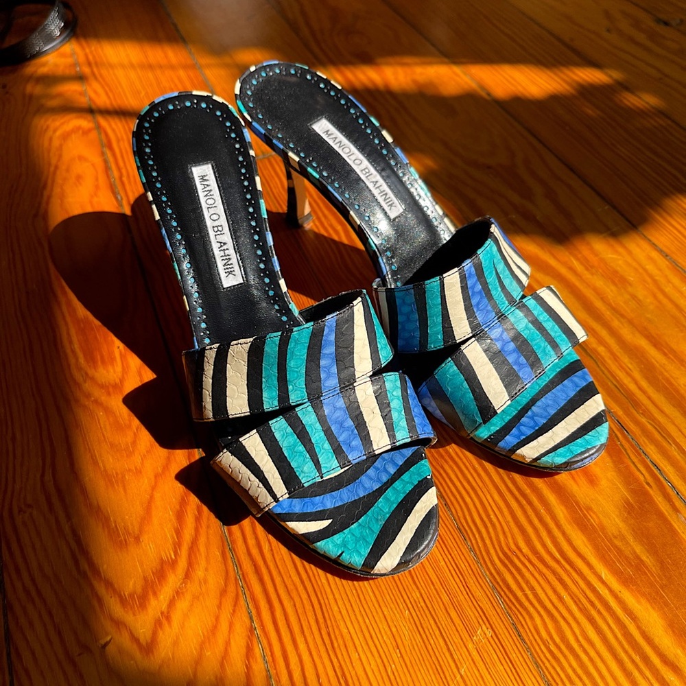 Manolo Blahnik Blue and Green Striped Heels